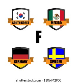 Set of Football Badge vector Designed illustration. Soccer tournament 2018 Group F with Word South Korea,Mexico,Germany,Sweden.