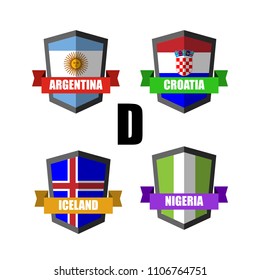 Set of Football Badge vector Designed illustration. Football tournament 2018 Group D with Word Nigeria,Iceland,Croatia,Argentina.