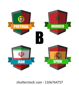 Set of Football Badge vector Designed illustration. Football tournament 2018 Group B with Word Spain,Moroco,Iran,Portugal. 