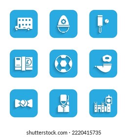 Set Football ball, British soldier, Big Ben tower, Smoking pipe, Bow tie, Pound sterling money, Wood cricket bat and and Double decker bus icon. Vector
