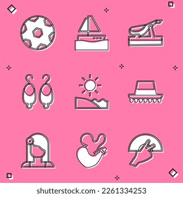 Set Football ball, Yacht sailboat, Spanish jamon, Earrings, Beach, hat, woman and wineskin icon. Vector