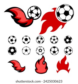 Set of football balls. Football ball with fire. Emblem design elements.