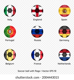 Set of football balls with country flags isolated on transparent background, vector illustration