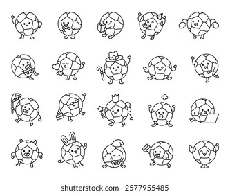 Set of football balls cute kawaii characters with different emotions and objects for designs and fun illustrations with unique poses and creative expressions in a fun style for art projects.