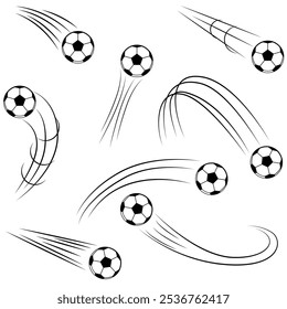 Conjunto de bolas de futebol com ilustração de linhas de movimento.	
