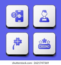 Set Football betting money, Casino dealer, slot machine with clover and signboard icon. White square button. Vector
