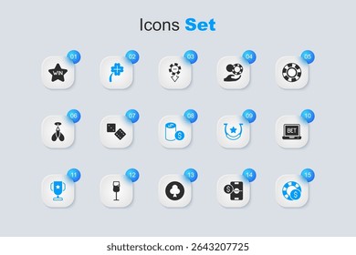 Set Football betting money, Game dice, Casino slot machine with clover, poker trophy cup, chips, Online sports, win and dollar icon. Vector