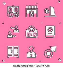 Set Football betting money, goal with, Substitution football player, Sport mechanical scoreboard, learning book, Locker changing room and soccer icon. Vector