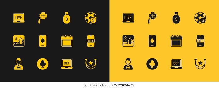 Set Football betting money, Playing card with clubs symbol, Calendar, Online sports, poker table game, Money bag,  and Casino slot machine clover icon. Vector