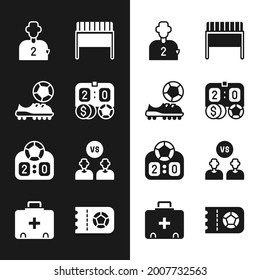 Set Football Betting Money, Shoes, Or Soccer Player, Goal, Sport Mechanical Scoreboard, Ticket And First Aid Kit Icon. Vector