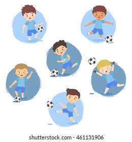 Set of Football Boys Team Blue Uniform. Vector illustration of kids playing soccer in different ethnic and action style isolated on blue white background.