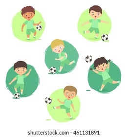 Set of Football Boys Team Green Uniform. Vector illustration of kids playing soccer in different ethnic and action style isolated on green white background.