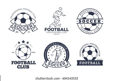 Set of football club graphic icons flat design on white background. Black and whitey hand drawn patterns with round ball or soccer player. Vector illustration in cartoon style of sport team game logos