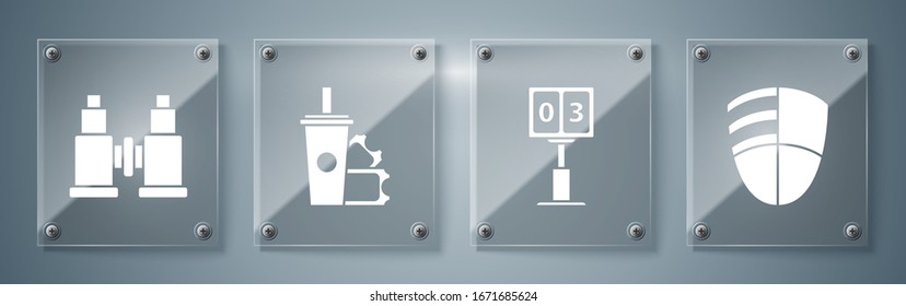 Set Football club logo template, Sport football mechanical scoreboard and result display, American Football ticket and paper glass soda with drinking straw and Binoculars. Square glass panels. Vector