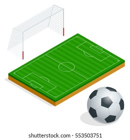 Set of Football elements. Isolated soccer goal, field and ball. Flat 3d isometric illustration. For infographics, games and design 