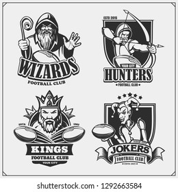 Set of football emblems, badges, logos and labels with hunter, wizard, king and joker. Print design for t-shirts.