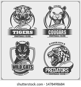 Set of football emblems, badges, logos and labels with tiger, cougars and wildcat. Print design for t-shirt.