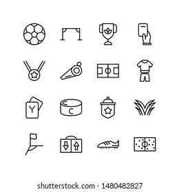 Set of football equipment line icon design, such as ball, goal post, medal, corner kick flag, cup, red card, jersey, field, substitution board, grass, captain hand band, whistle, shoes and others.