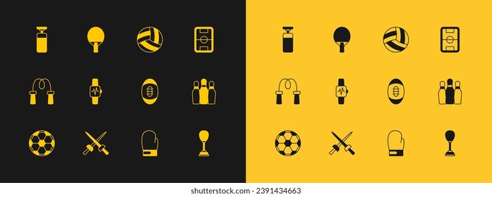Set Football field, Fencing, American, Boxing glove, Smart watch with heart, Volleyball, Punching bag and Racket icon. Vector