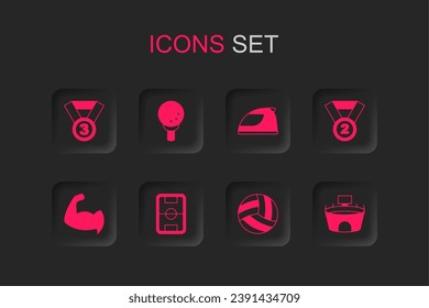 Set Football field, Golf on tee, Medal, Volleyball, Stadium, Racing helmet and Bodybuilder showing his muscles icon. Vector