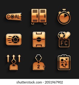 Set Football field, or soccer player, Planning strategy concept, Fan club football, Soccer, Stopwatch and Goal icon. Vector