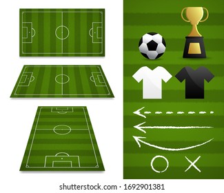 Un juego de campos de fútbol con diferentes perspectivas sobre un fondo blanco con elementos de fútbol para la planificación en el partido, Vector e Ilustración.