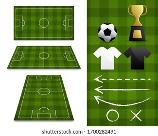 A set of football fields with different perspective views on a white background with football element for planning in the match,Vector and Illustration.