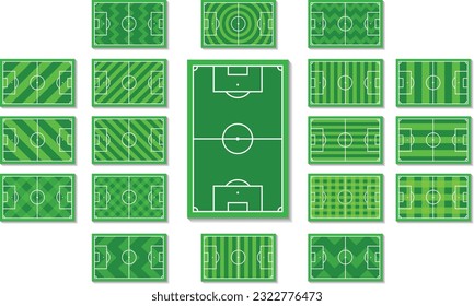 Set of football fields with different stripes patterns, motifs and grass ornaments. Assorted basic grass lines, plain, checkered, diagonal, diamond, zigzag, oval. Vector and illustration types.