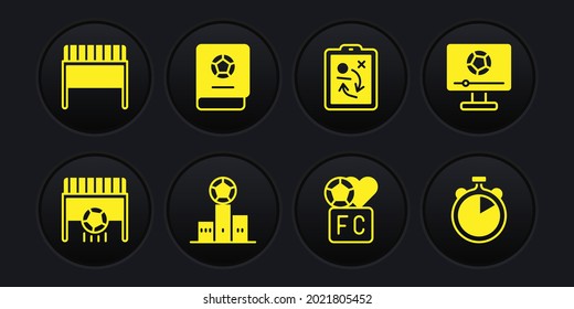Set Football goal with ball, match on TV, Award over sports winner podium, Fan club football, Planning strategy concept, learning book, Stopwatch and  icon. Vector