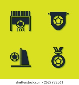 Set Football goal with ball, or soccer medal,  and flag pennant icon. Vector