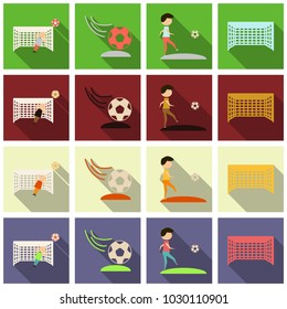 Set of football icons and equipments in flat style with shadow