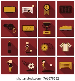 Set of football icons and equipments in flat style with shadow