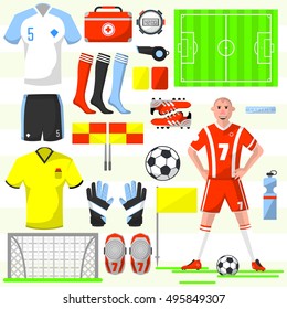 Set of football icons in flat style: ball and whistle, flag and card, shirt and field, player and shoe, stopwatch. Vector illustration with various soccer symbols isolated on white