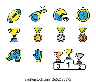 Set of football icons including rugby ball, whistle, helmet, stopwatch, trophy cups, gold silver and bronze medals, goalkeeper gloves, and winners podium.