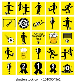 Set of football icons in yellow frames on a white background