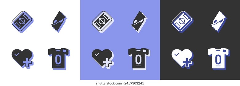 Set Football jersey and t-shirt, field, Heart rate and Flippers for swimming icon. Vector