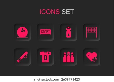 Set Football jersey and t-shirt, Ribbon in finishing line, Bowling, pin, Volleyball net, Heart rate, Fitness shaker and Baseball bat with icon. Vector