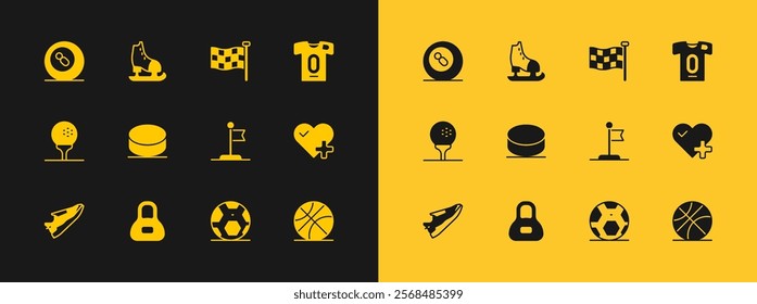 Set Football jersey and t-shirt, Weight, Flag, Soccer football, Hockey puck, Checkered flag, Billiard pool snooker and Skates icon. Vector