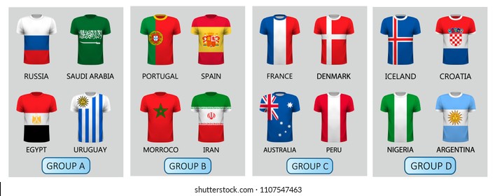 Set of football jerseys for 2018 soccer championship cup. Groups A, B, C and D. National flag T-Shirts. Vector,