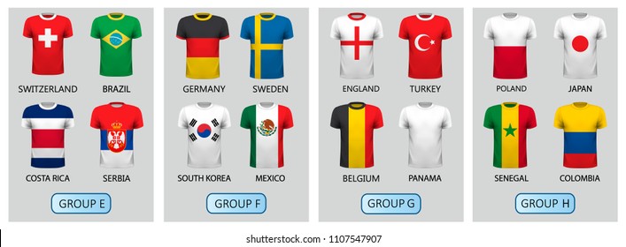 Set of football jerseys for 2018 soccer championship cup. Groups E, F, G and H. National flag T-Shirts. Vector,