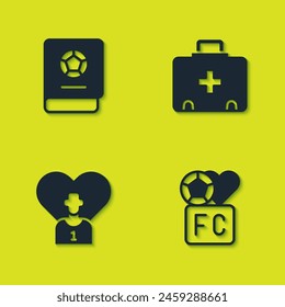 Set Football learning book, Fan club football, or soccer player and First aid kit icon. Vector