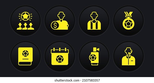 Set Football learning book, or soccer medal, calendar, Air horn, referee, Buy football player, commentator and Soccer icon. Vector