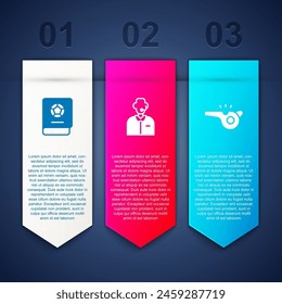 Set Football learning book, or soccer commentator and Whistle. Business infographic template. Vector