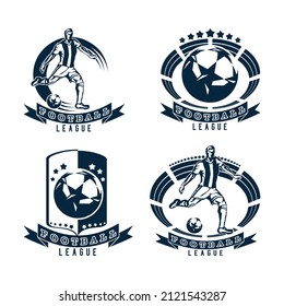 Set of football logos with ball, soccer player, shield, arena, stadium. Monochrome image, vector illustration
