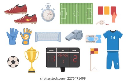 Set of Football match elements. Stickers with soccer uniform, boots, ball, trophy, goalkeeper gloves and field. Team sport and competition. Cartoon flat vector collection isolated on white background