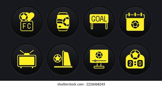 Set Football match on TV, or soccer calendar, goal with, Goal football, Beer can, Sport mechanical scoreboard and Fan club icon. Vector