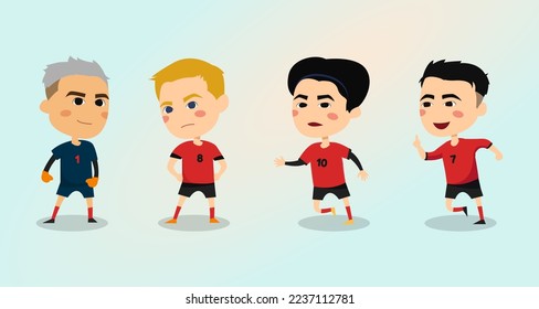 set of football player character in red team uniform
