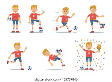 Set of football player characters showing different actions. Cheerful soccer player standing, running, kicking the ball, jumping, celebrating victory. Simple style vector illustration