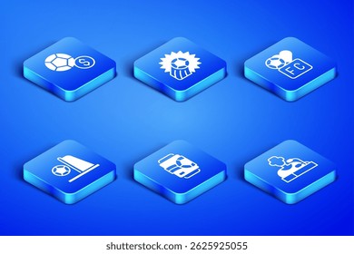 Set Football player press conference, Soccer football, Beer can, goal with,  and Fan club icon. Vector