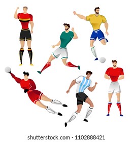 Set of football players from Argentina, Brazil, Russia, Germany, Mexico and Belgium isolated on a white background. Colorful  illustration of soccer players. Vector illustration of goalkeeper.